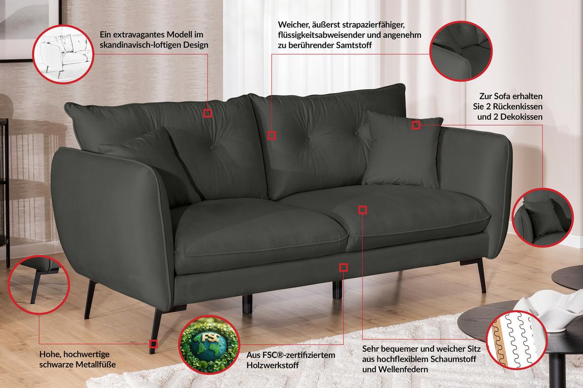 3-SITZER-SOFA Nordloft Dunkelgrau Samt - Dunkelgrau/Schwarz, Holz/Textil (204/86/100cm) - S-Style Möbel