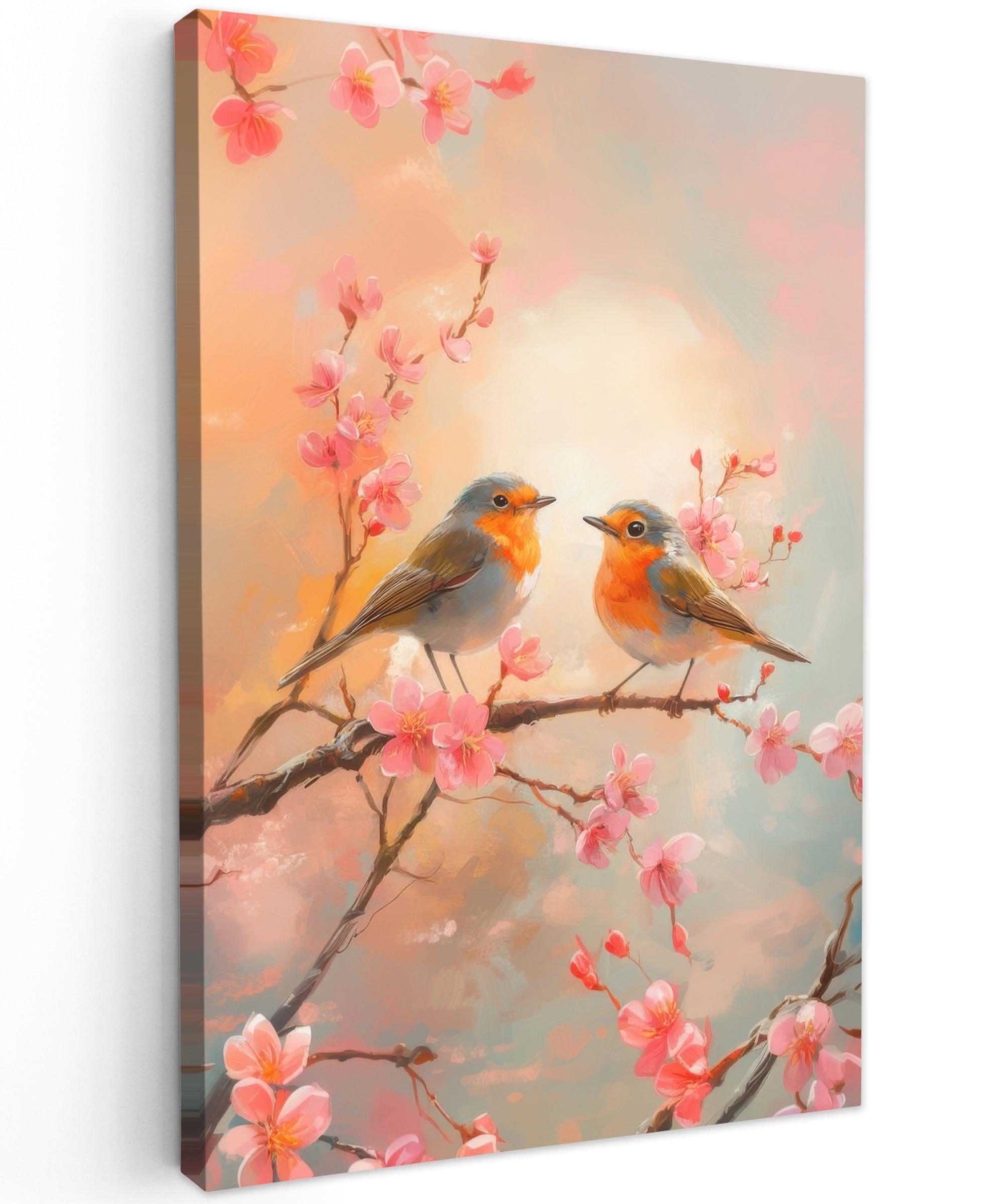 LEINWANDBILD Rotkehlchen - Zierpflanze - Blütenzweig Deko XXL 80x120 cm - Hellrosa, Textil (80/120cm) - MuchoWow