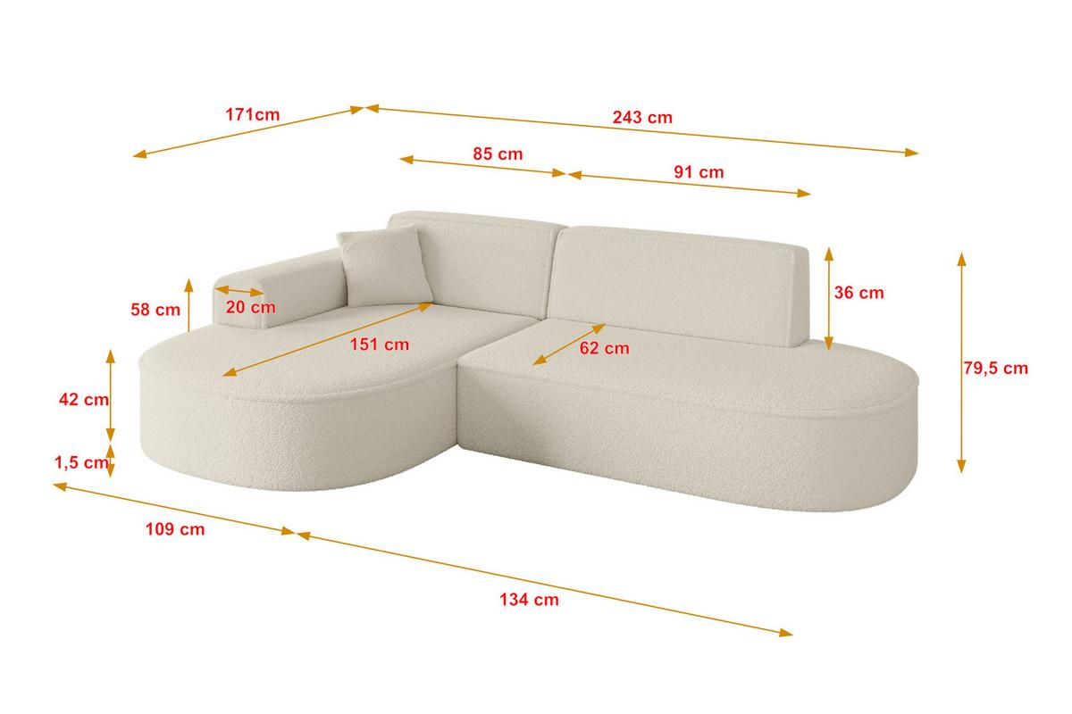 ECKSOFA Ottomane Links MARI-L1 - 243x171x79 cm Beige Bouclé - Beige/Schwarz, Holzwerkstoff/Kunststoff (163/234cm) - ALTDECOR