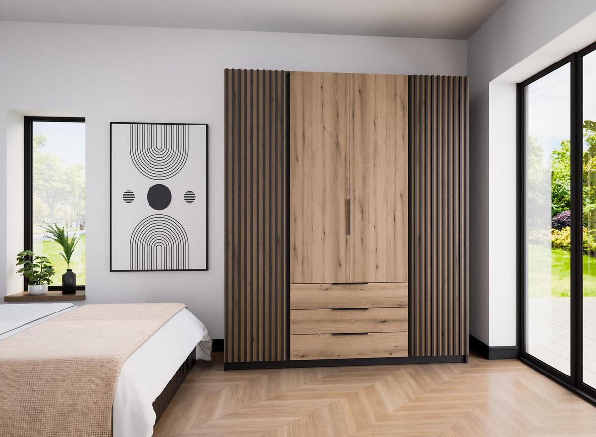 KLEIDERSCHRANK Nehir Korpus Schwarz, Front Eiche Evoke/Schwarz 200 cm - 4T3S Modern mit Schubladen und 2 Lamellentüren außen - Eichefarben/Schwarz, Holzwerkstoff/Kunststoff (200/239/61.9cm) - AX Living