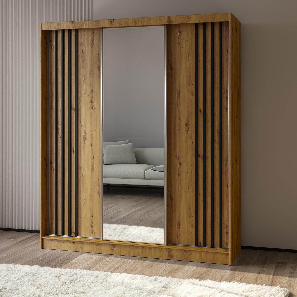 SCHWEBETÜRENSCHRANK NELVIA 180/216/61 cm 3-türig mit Spiegel Eiche Artisan - Eiche Artisan, Holzwerkstoff (180/216/61cm) - MASSENO