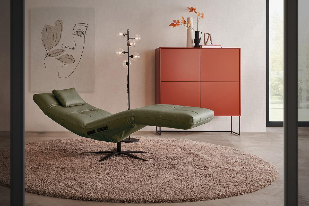 RELAXLIEGE LETICIA Grün Leder Drehbar (360°), Relaxfunktion - Schwarz/Olivgrün, Leder/Metall (82/115/156cm) - KAWOLA