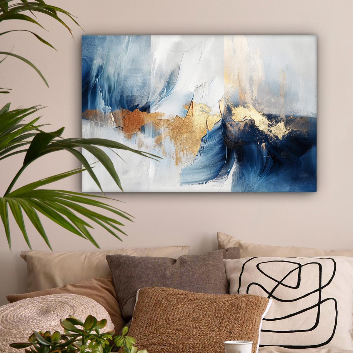 LEINWANDBILD Gold - Blau - Aquarell - Kunst - Modern Gemälde 60x40 cm - Hellblau, Textil (60/40cm) - MuchoWow