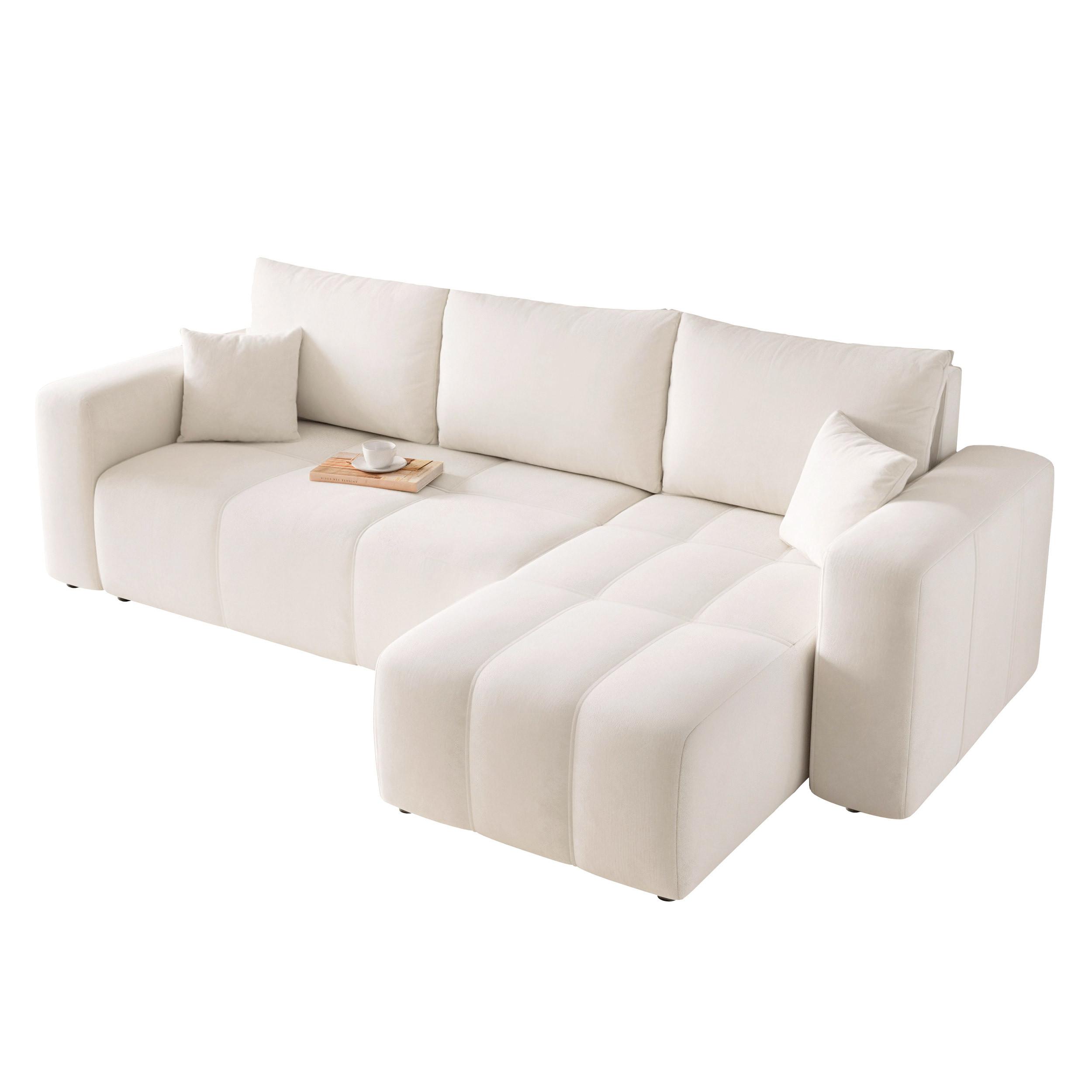ECKSOFA Creme Velours mit Bettkasten und Schlaffunktion - Creme, Textil (248/145cm) - Idohome