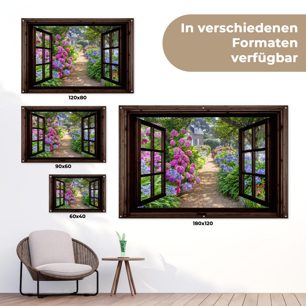 GARTENPOSTER Hortensie - Durchsichtig - Blumen - Lila - Natur - Dunkelbraunes Fenster Gartendeko 90x60 cm - Dunkelbraun, Kunststoff (90/60/0.2cm) - OnlyWow