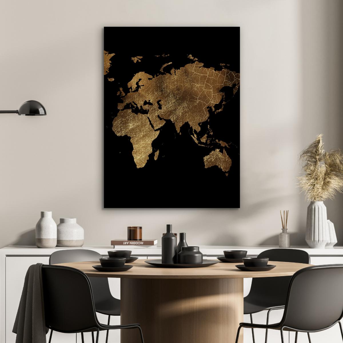 METALLBILD Weltkarte - Gold - Luxus - Erde - Schwarz 60x80 cm - Goldfarben, Metall (60/80cm) - MuchoWow
