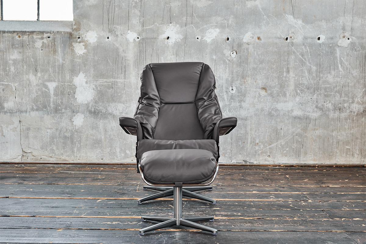 RELAXSESSEL MIT HOCKER MODO Grau Leder - Dunkelgrau/Silberfarben, Leder/Metall (81/98/90cm) - KAWOLA