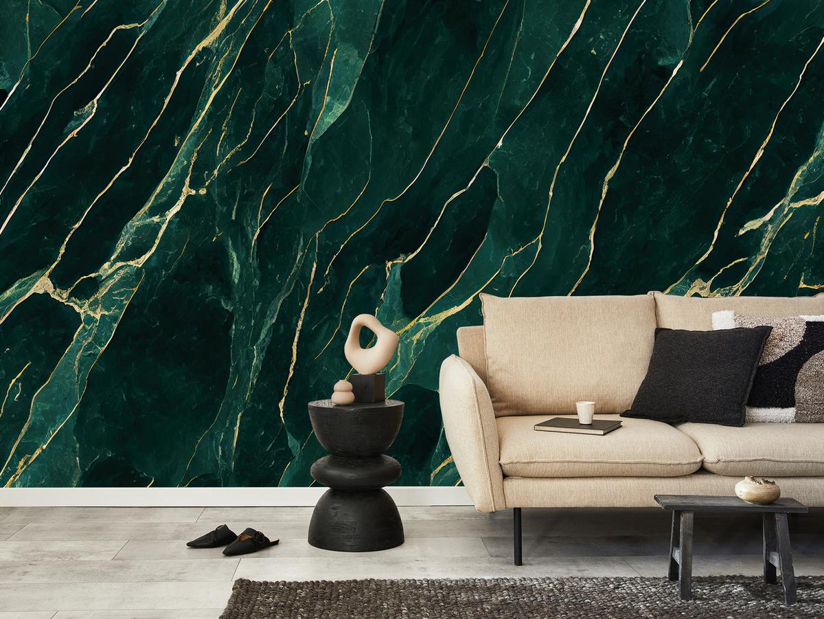 FOTOTAPETE für Wohnzimmer Eleganter Grüner Marmor Goldimitation 450x315 - Türkis/Grün, Papier (450/315cm) - Muralo