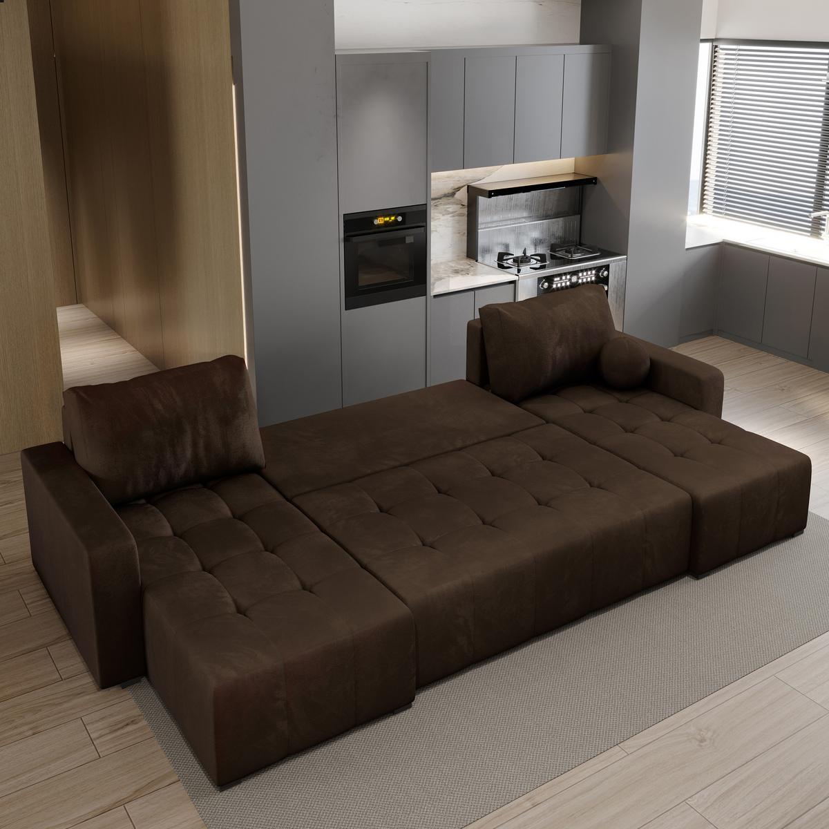 WOHNLANDSCHAFT TOLARI Braun Plüsch-Stoff mit Schlaffunktion - Braun, Holz (295/85/140cm) - MASSENO