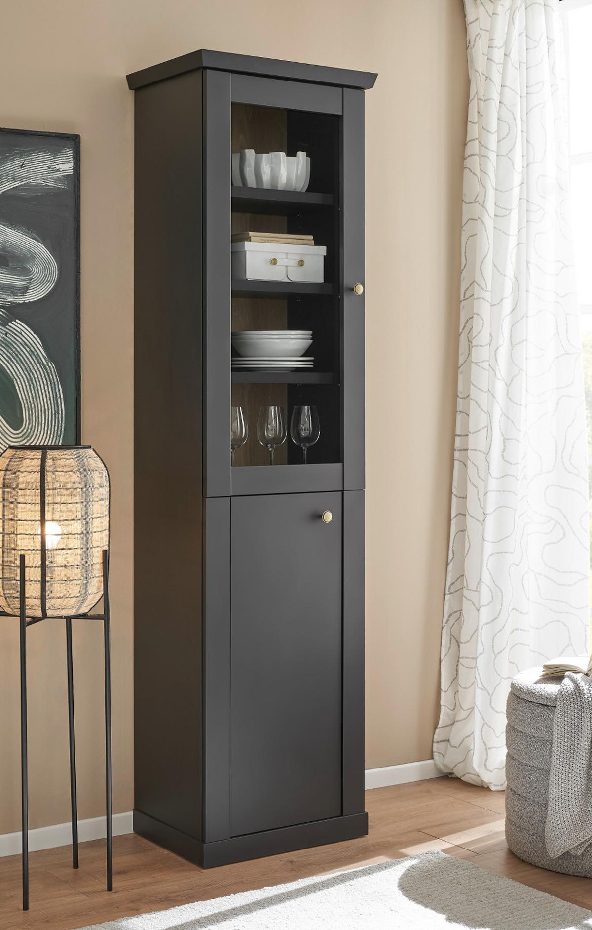 VITRINE schwarz matt, Eiche 55 cm, Vitrinenschrak Landhaus mit Soft-Close - Eichefarben/Messingfarben, Glas/Holzwerkstoff (55/200/39cm) - Furn.Design