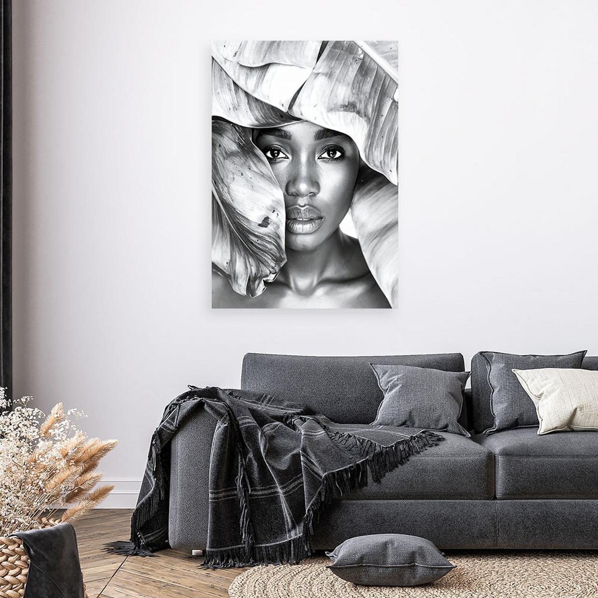 LEINWANDBILD Porträt einer Frau und silbernen Blättern 40x60cm - Grau, Textil (40/60cm) - Feeby