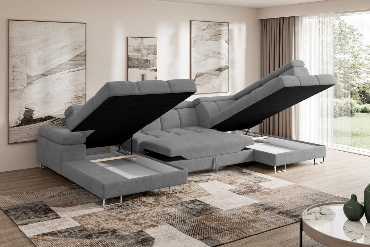 WOHNLANDSCHAFT mit Schlaffunktion und Bettkasten Ottomane RECHTS COMA U 345x203x79 Grau Velours - Grau, Holzwerkstoff/Textil (203/79/345cm) - ALTDECOR