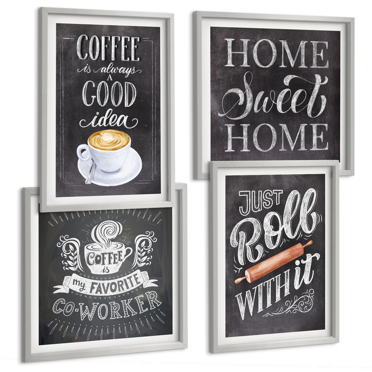 BILDER SET 4er Set - 50x50 cm & 40x60 cm Silberner Rahmen - Kaffeeroller, heimelige Wärme - Silberfarben, Kunststoff (50/50cm) - TULUP
