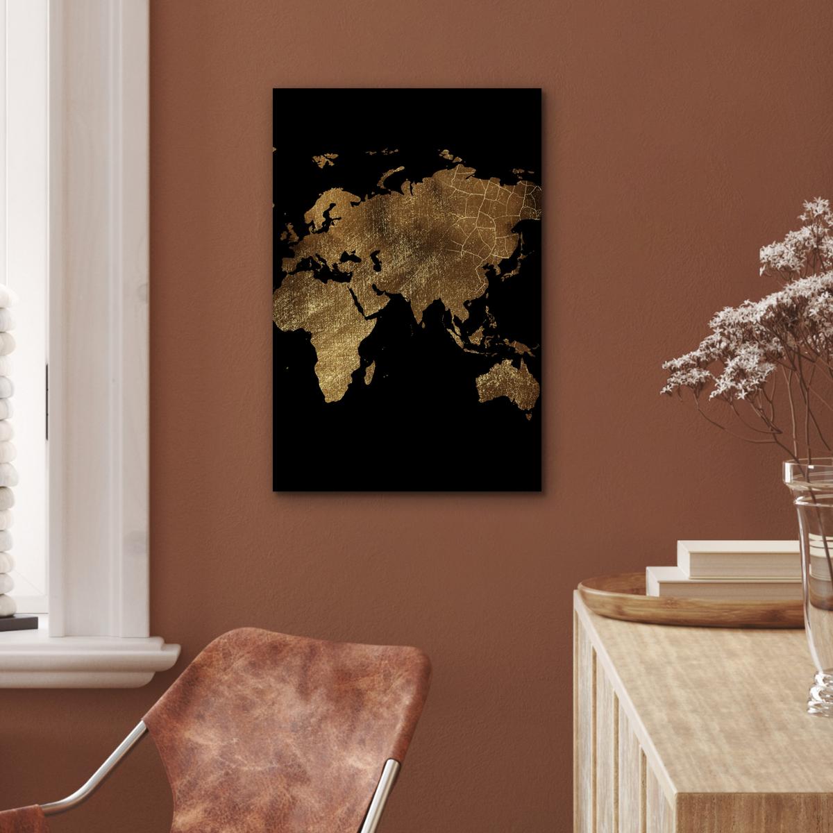 METALLBILD Weltkarte - Gold - Luxus - Erde - Schwarz Deko Schlafzimmer 40x60 cm - Goldfarben, Metall (40/60cm) - MuchoWow
