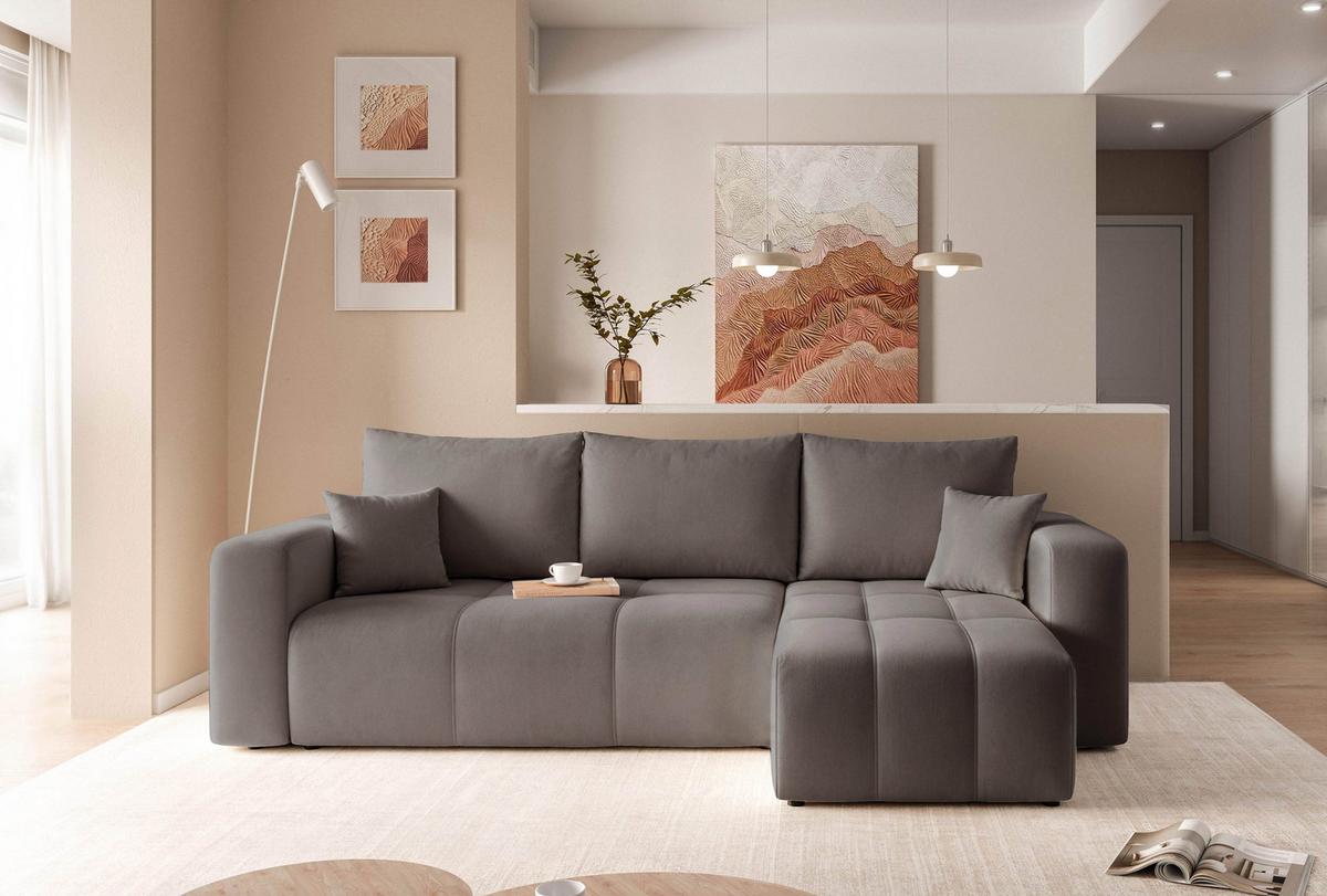 ECKSOFA Dunkelgrau Velours mit Bettkasten und Schlaffunktion - Dunkelgrau, Textil (248/145cm) - Idohome