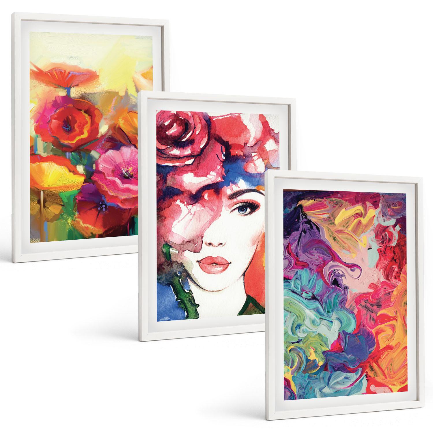 BILDER SET 3er Set - 40x60 cm Weißer Rahmen - Intensives Blumenporträt einer Frau - Weiß, Kunststoff (40/60cm) - TULUP