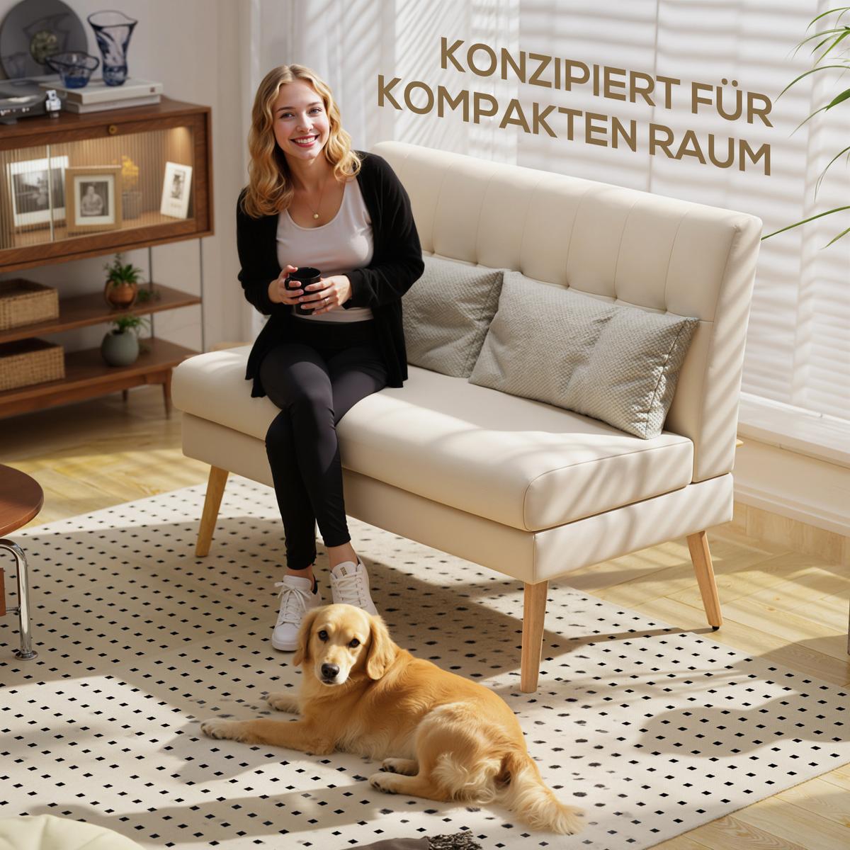 SOFA 2 Sitzer Couch mit Leinenoptik, Getuftete Rückenlehne, Beige - Beige/Naturfarben, Holz/Textil (68/90/118cm) - HOMCOM