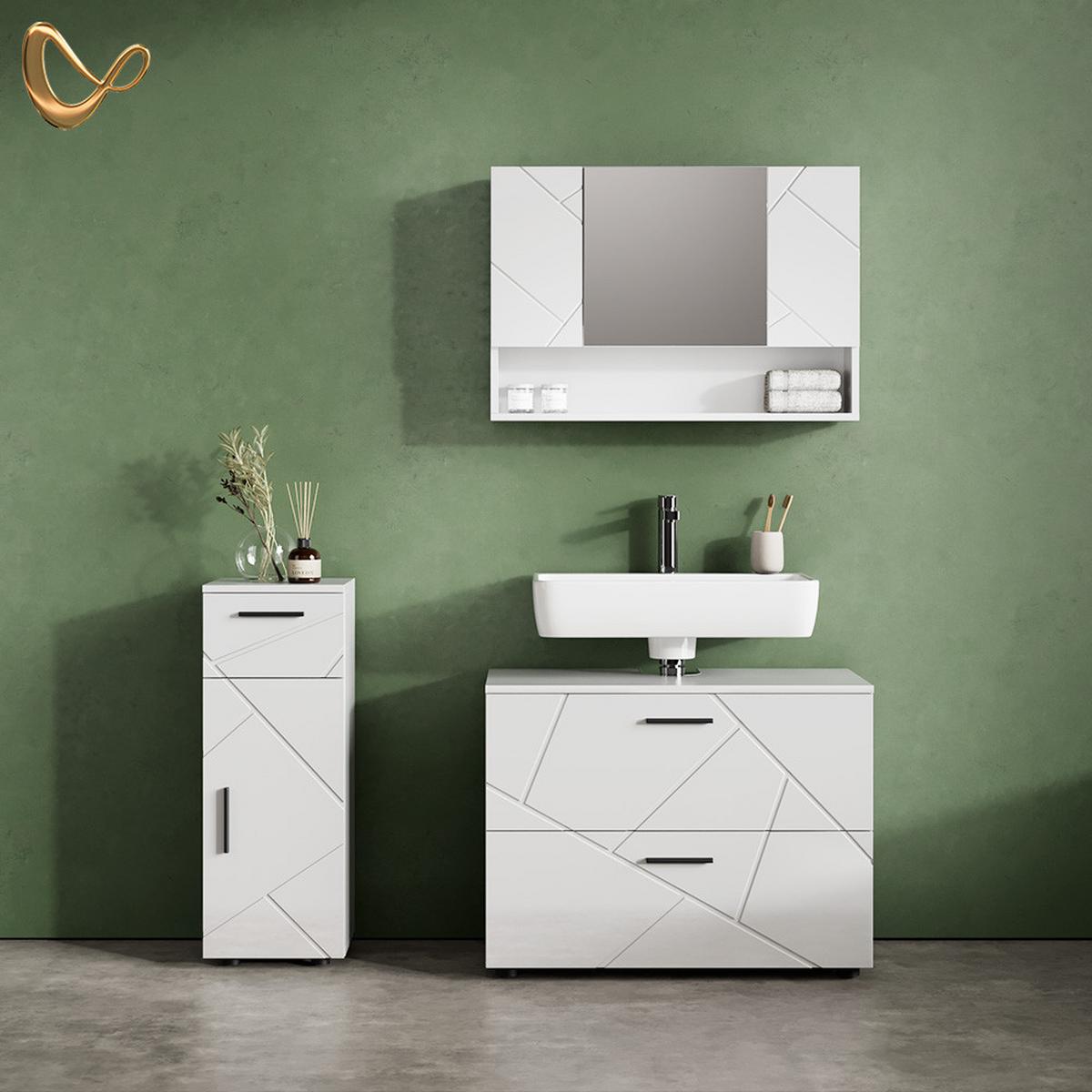 BADMÖBEL-SET Ronco Weiß Hochglanz 3 Teile, mit Schubladenschrank und Midischrank - Weiß Hochglanz, Holzwerkstoff (41/80/58cm) - Livinity®
