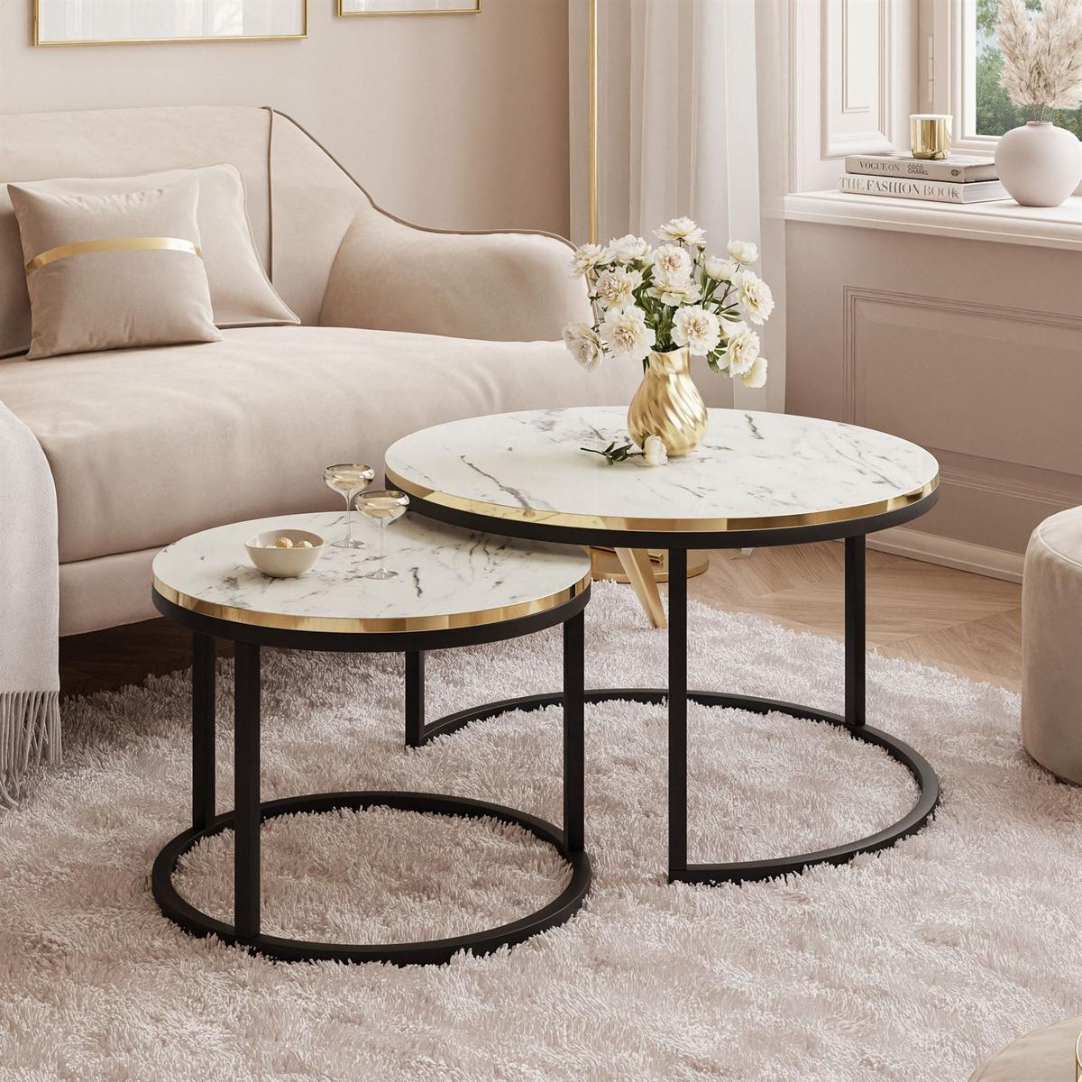 COUCHTISCH Set SOLEIL 2in1, rund, Weiß Marmor-Optik und Schwarz Gestell - Weiß, Holzwerkstoff (70/70/48cm) - Lookway