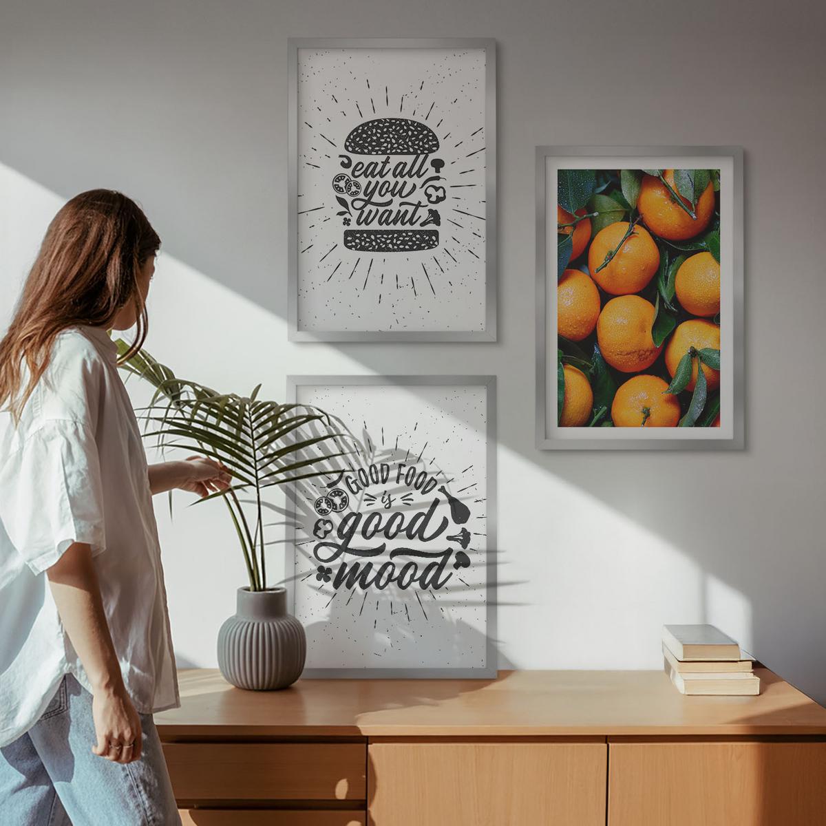 BILDER SET 3er Set - 40x60 cm Silberner Rahmen - Juicy Oranges Kitchen - Silberfarben, Kunststoff (40/60cm) - TULUP