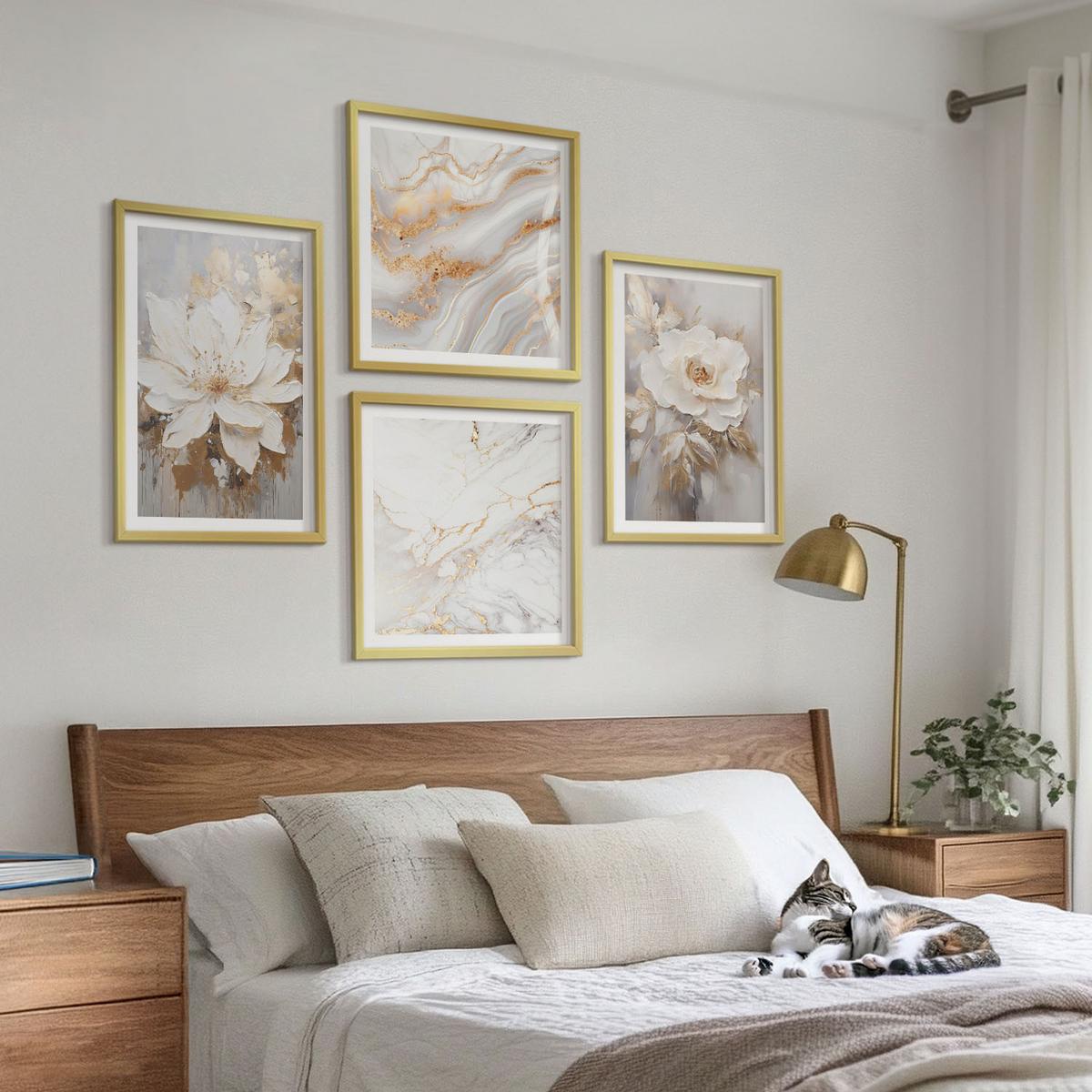 BILDER SET 4er Set - 50x50 cm & 40x60 cm Goldrahmen - Blumen, heller Hintergrund, Marmormuster - Goldfarben, Kunststoff (50/50cm) - TULUP