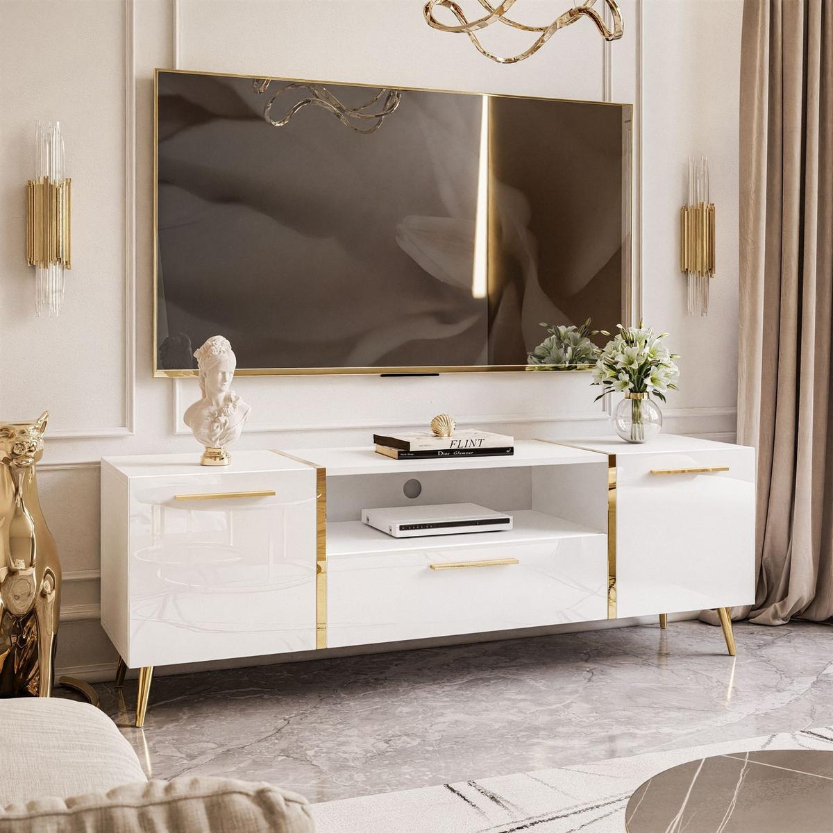 TV-ELEMENT ONYX AUF GOLDENEN BEINEN HOCHGLANZ 158 CM - Weiß, Holzwerkstoff (158/53/41.3cm) - Lookway