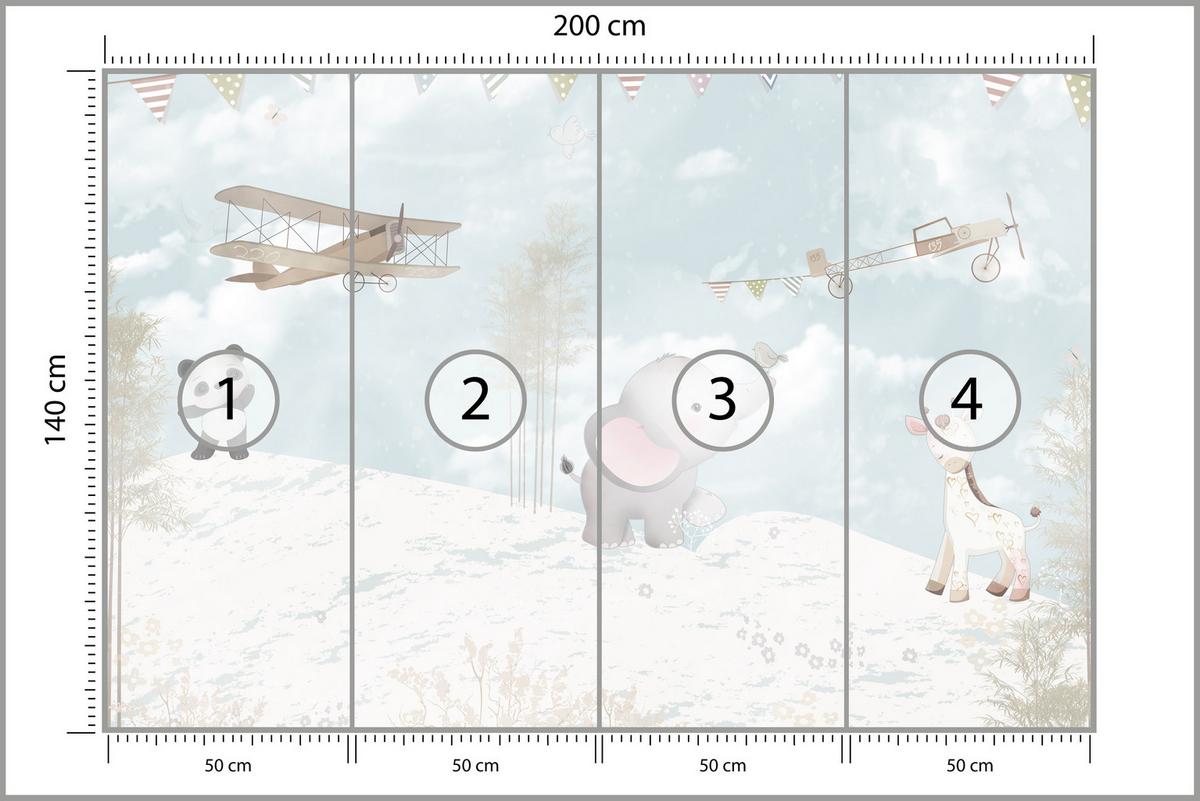 FOTOTAPETE für Kinderzimmer Boho Elefant Panda Giraffe Pflanze Flugzeug 200x140 - Multicolor, Papier (200/140cm) - Muralo