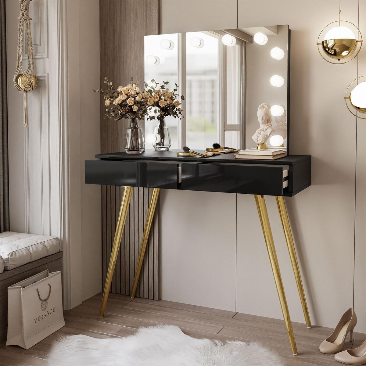 SCHMINKTISCH SIENNA GOLD ELITE mit Spiegel PUSH OPEN - Schwarz Hochglanz, Holzwerkstoff (100/81/42cm)