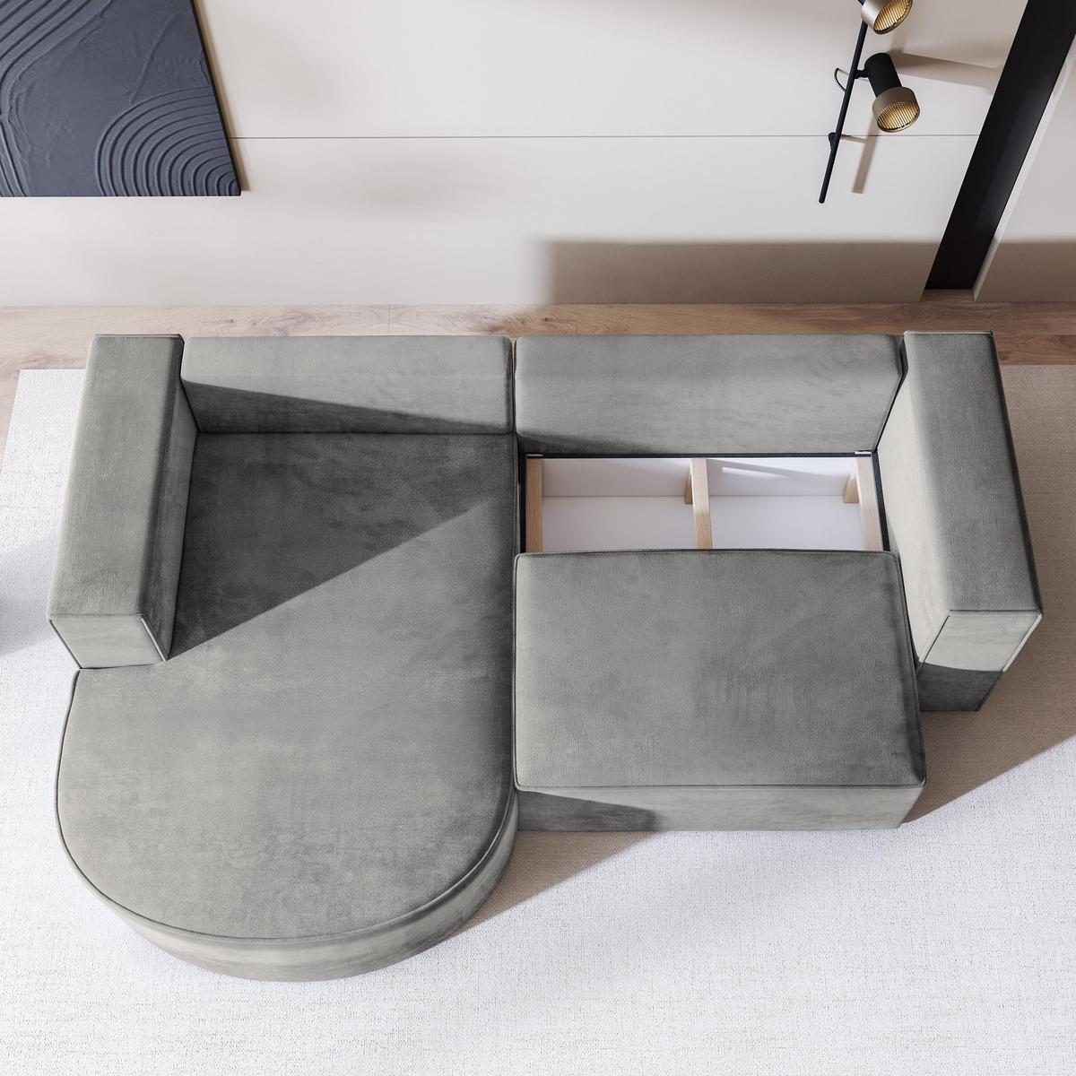 ECKSOFA SORELA M L-S Hellgrau Velours-Stoff mit Schlaffunktion - Hellgrau, Holz (263/174cm) - MASSENO