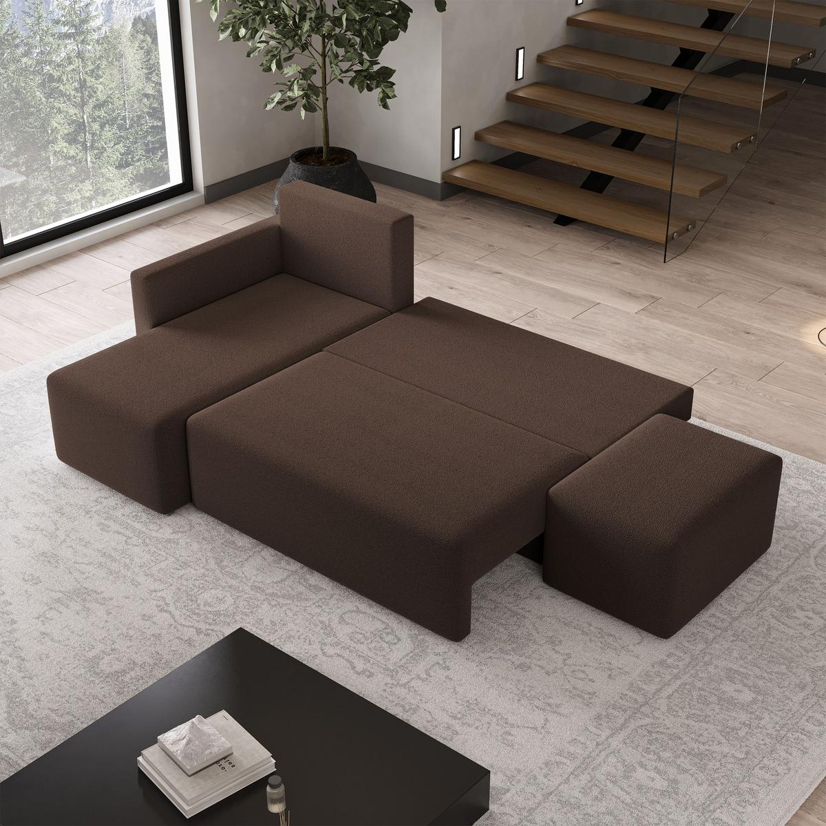 ECKSOFA VELOTTI L-S Braun Boucle-Stoff mit Schlaffunktion - Braun, Holz (261/143cm) - MASSENO