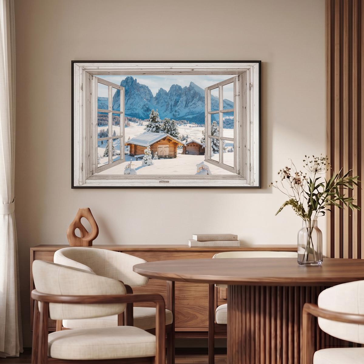 LEINWAND Bilder mit Rahmen - Winterlandschaft - Hütte - Berge - Ausblicke - Aussicht - Natur - 90x60 - Weiß Hochglanz, Textil (90/60cm) - MuchoWow