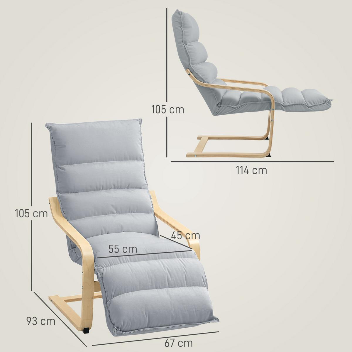 RELAXSSESSEL Sessel mit Verstellbar Fußteil, Armlehne für Wohnzimmer, Hellgrau - Hellgrau, Kunststoff (67/105/114cm) - HOMCOM