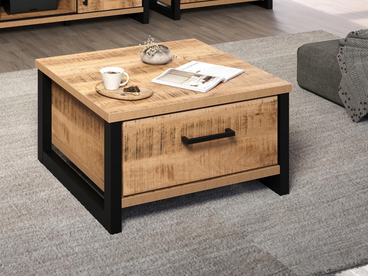 COUCHTISCH Mango, schwarz quadratisch 80 x 80 cm, Beistelltisch mit zwei Schubladen - Schwarz/Naturfarben, Holzwerkstoff/Kunststoff (80/80/45cm) - Top.Furn
