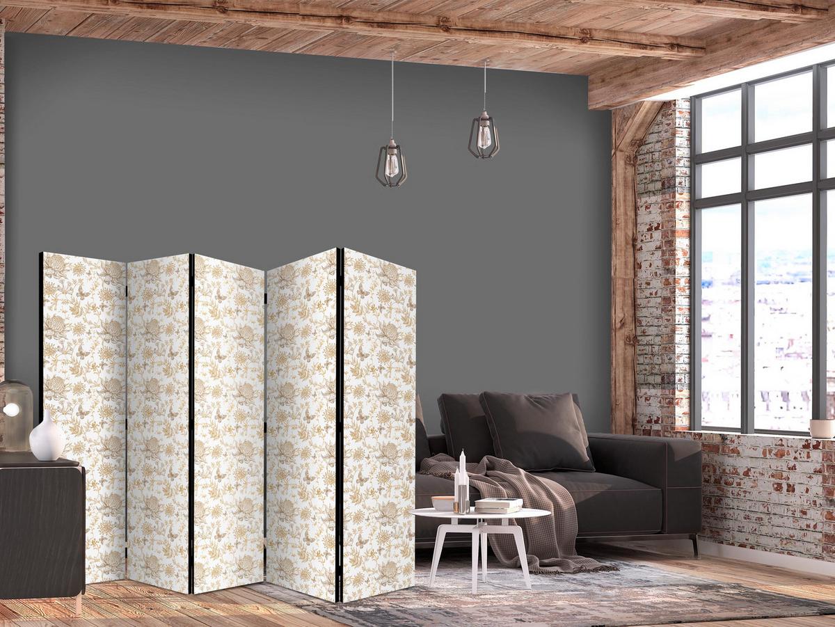 PARAVENT Beidseitig Bedruckter 5-tlg 225x172 cm Chrysanthemen und Schmetterlinge - Braun, Holz/Textil (225/172/3cm) - Muralo