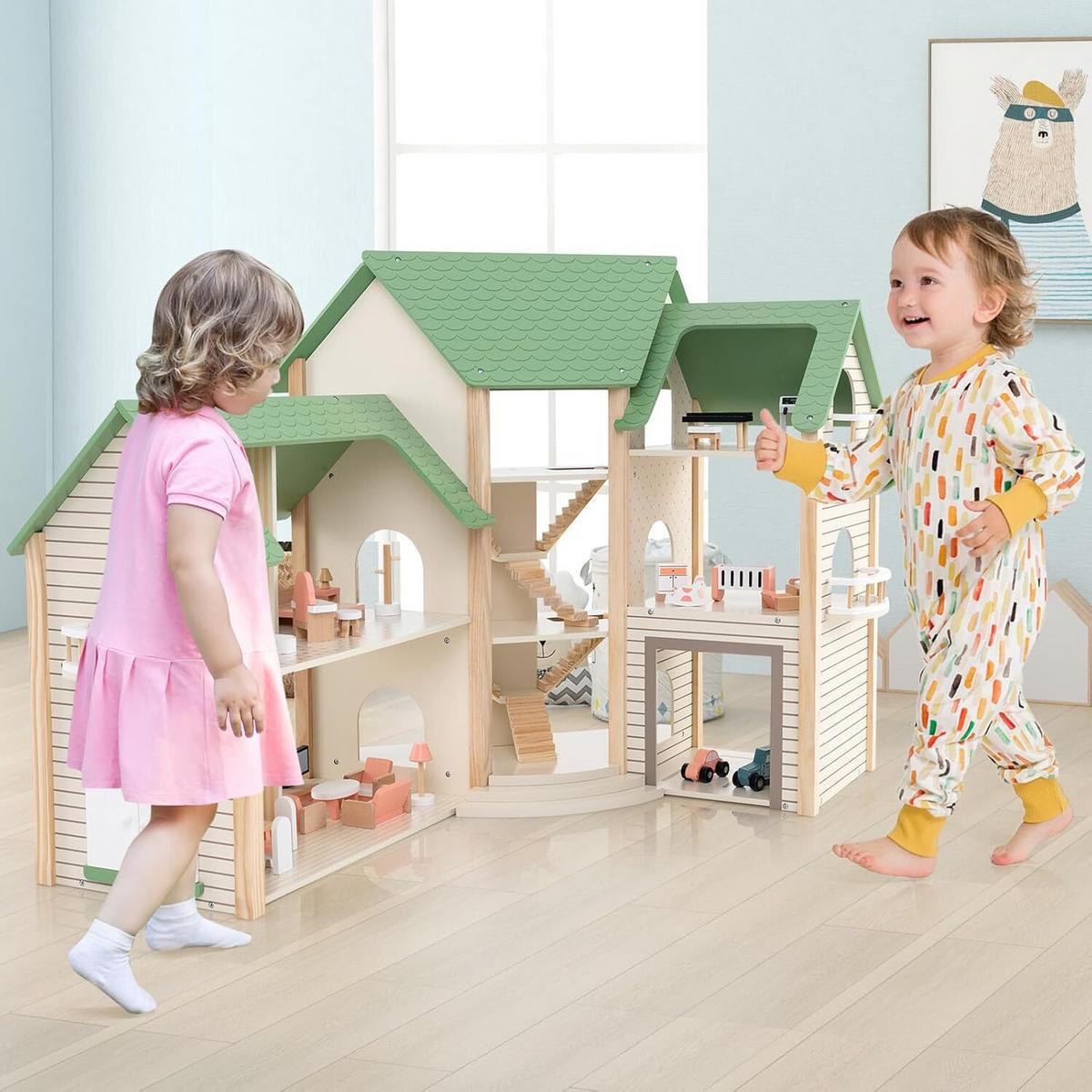 PUPPENHAUS 83cm Grün - Grün, Holz (87/83/37cm) - COSTWAY