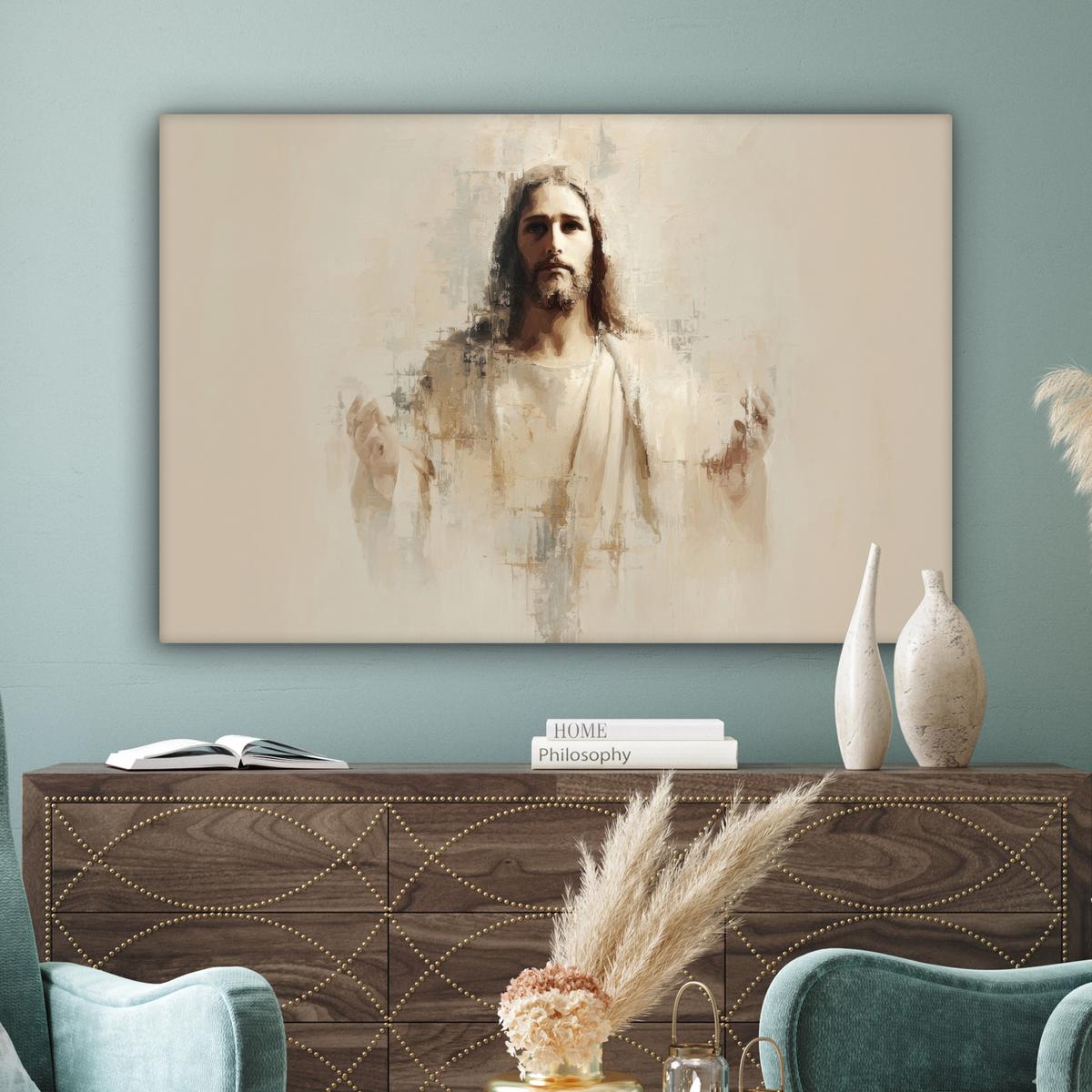 LEINWANDBILD Porträt - Abstrakt - Jesus - Beige XXL 150x100 cm - Beige, Textil (150/100cm) - MuchoWow