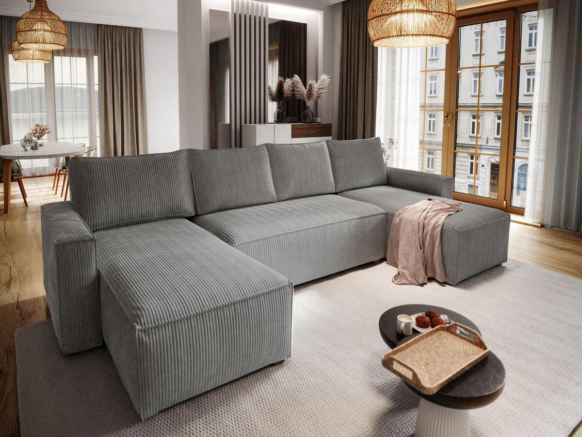 WOHNLANDSCHAFT ASPRA Grau Kordstoff mit Schlaffunktion - Grau, Holz/Kunststoff (295/85/140cm) - MASSENO