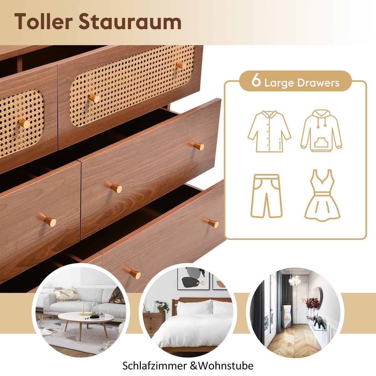 SIDEBOARD mit 6 Schubladen und Rattan-Elementen - Braun, Holzwerkstoff/Metall (120/90/40cm) - Urban Meuble