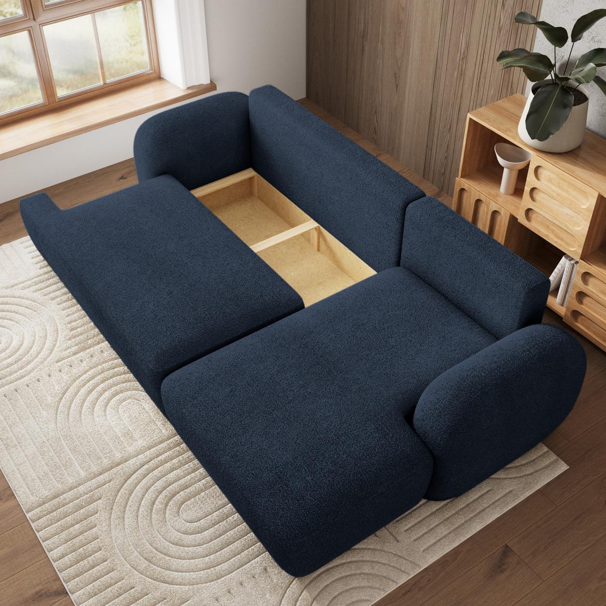 ECKSOFA MODENZA N R-S Blau Boucle-Stoff mit Schlaffunktion - Blau/Schwarz, Holz/Kunststoff (266/148cm) - MASSENO