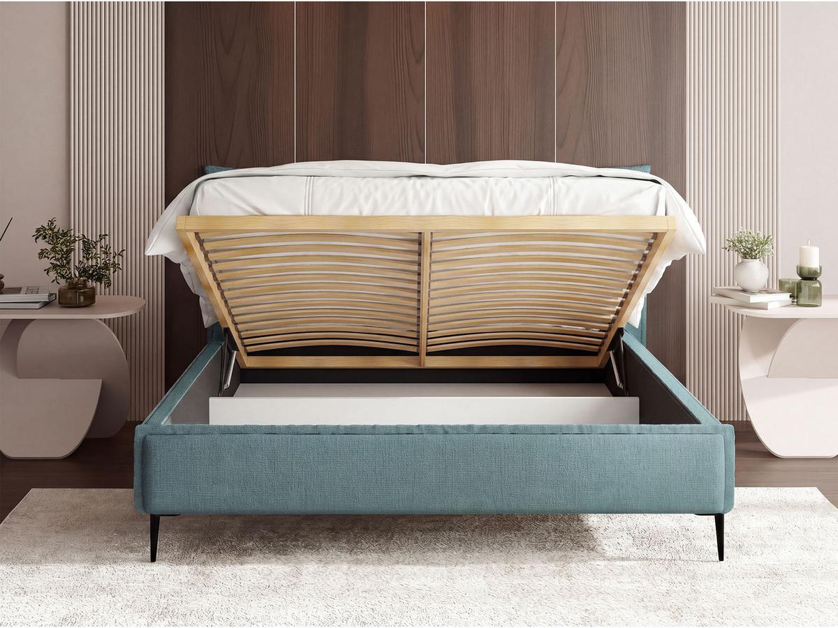 POLSTERBETT Pillow Rise mit Bettkasten, Lattenrost & hohen Metallfüßen in Türkis Chenille 200x200 cm - Türkis/Birkefarben, Holz/Holzwerkstoff (200/200cm) - WFL GROUP