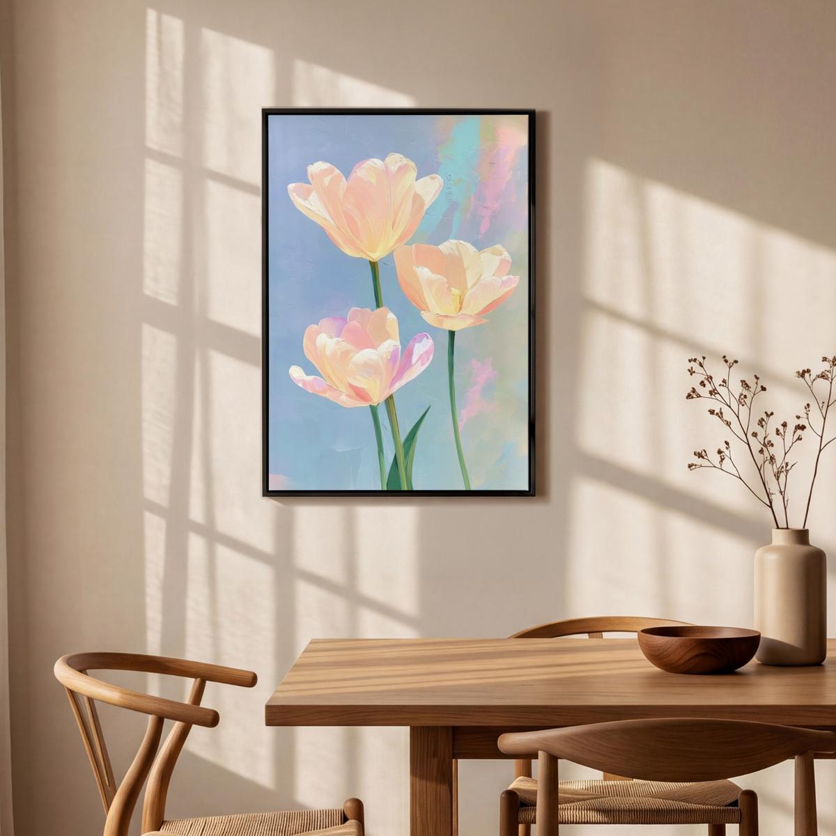 LEINWAND Bilder mit Rahmen - Tulpen - Rosa Akzente - Blau - 60x90 - Pastellblau, Textil (60/90cm) - MuchoWow