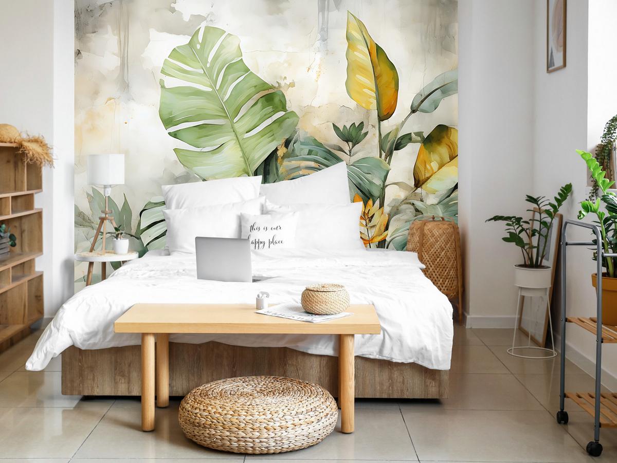 FOTOTAPETE für Wohnzimmer Tropische Blätter Aquarell Abstrakt 450x315 - Gelb/Beige, Papier (450/315cm) - Muralo