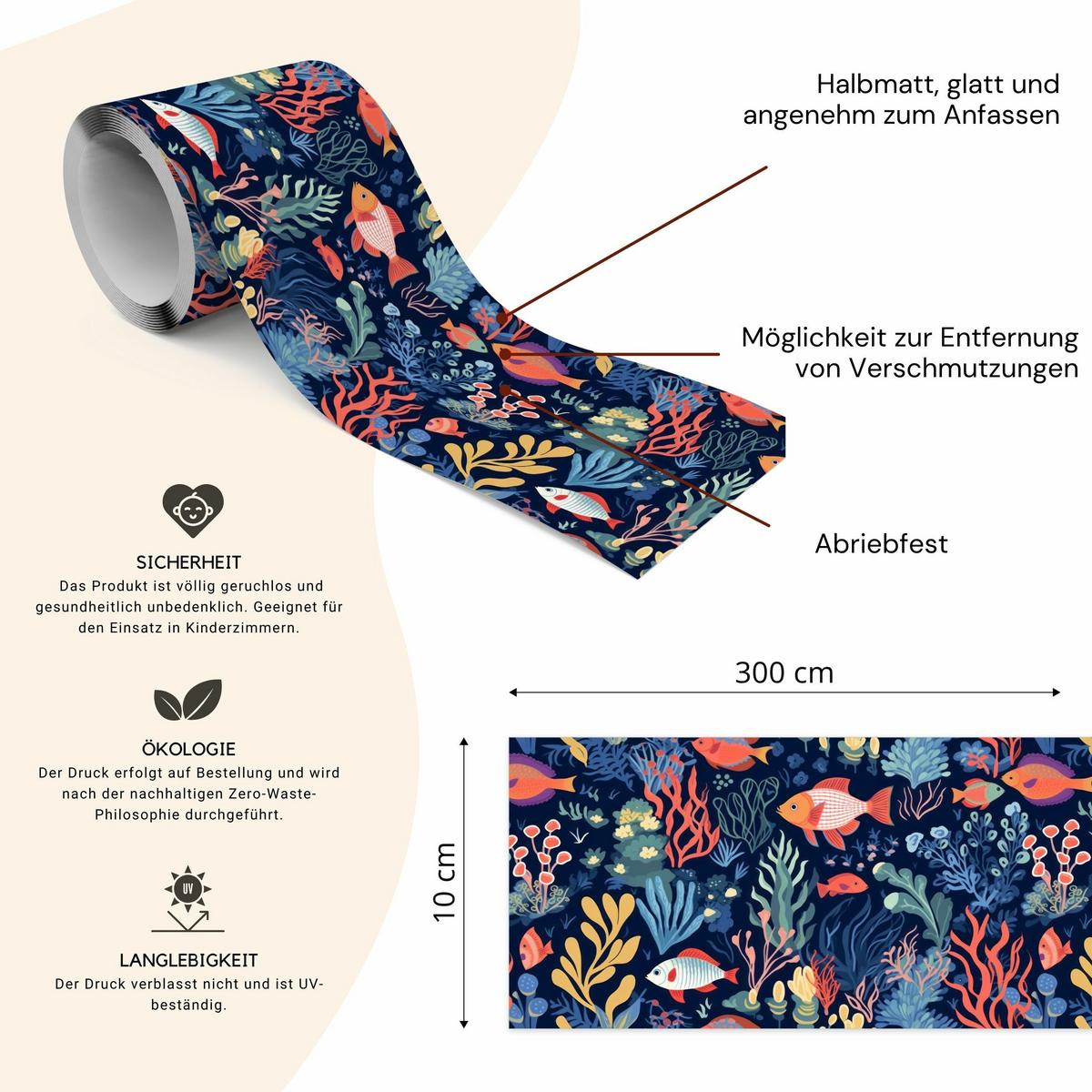 TAPETENBORDÜRE selbstklebend für Kinderzimmer KORALLENRIFF Fisch Natur - Blau/Rot, Papier (10/300/300cm) - Muralo