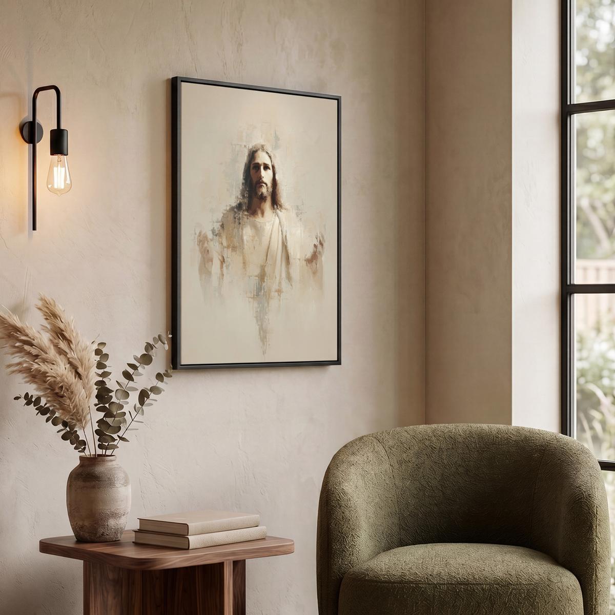 LEINWAND Bilder mit Rahmen - Porträt - Abstrakt - Jesus - Beige - 60x80 - Beige, Textil (60/80cm) - MuchoWow