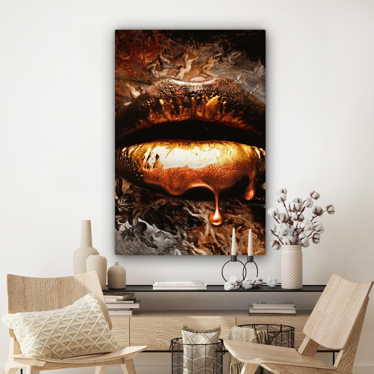 LEINWANDBILD Gold - Lippen - Kunst - Gold - Luxus - Abstrakt Deko XXL 80x120 cm - Kupferfarben, Textil (80/120cm) - MuchoWow