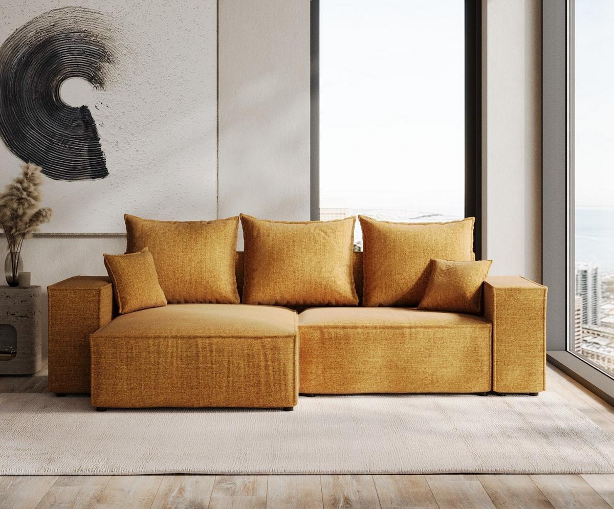 ECKSOFA SENSO mit Schlaffunktion Honiggelb im City Stoff - Schwarz/Honig, Holz/Holzwerkstoff (255/148cm) - AltaBeds