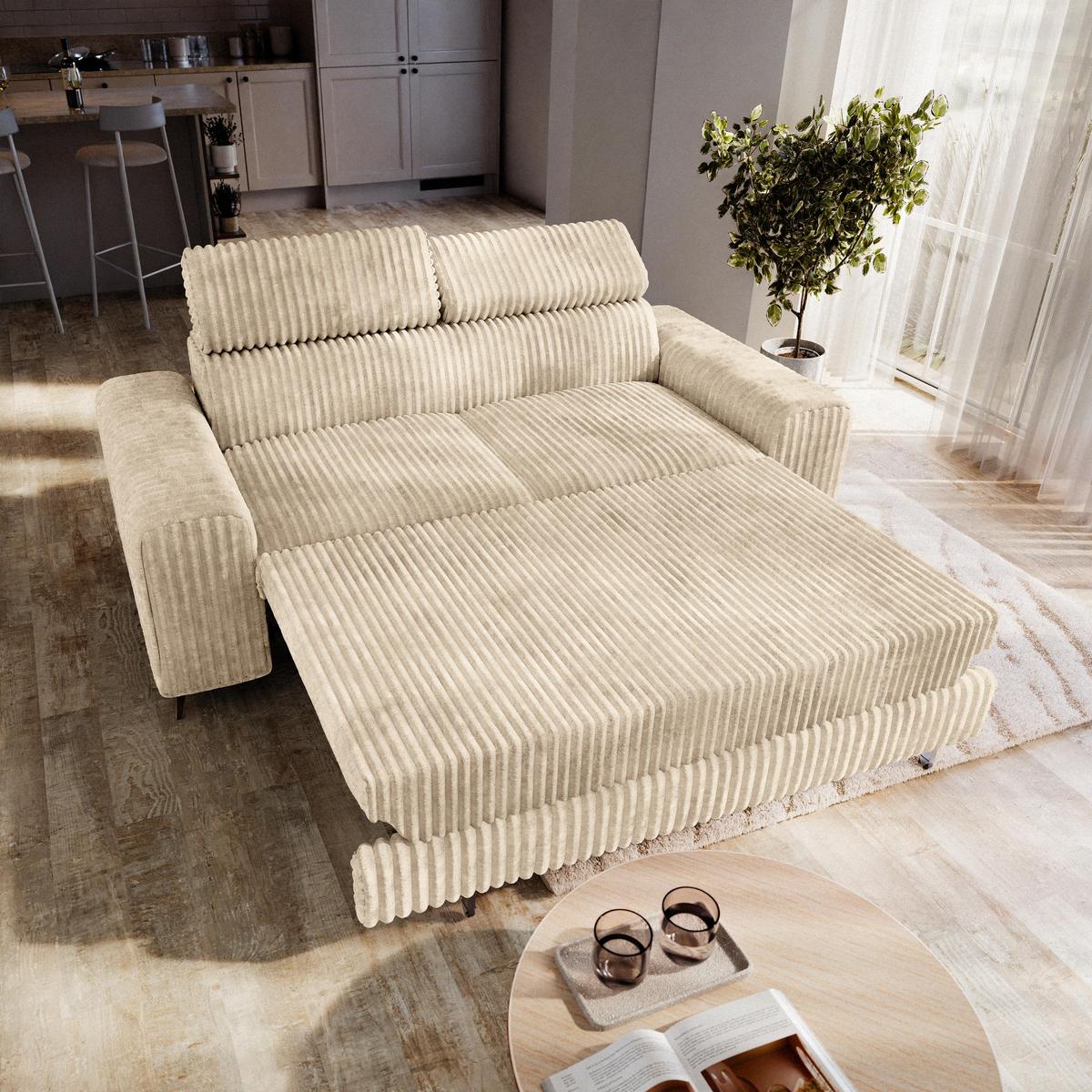 BETTSOFA BENETE Creme Cordstoff mit Schlaffunktion - Creme, Holz/Textil (191/89/92cm) - MASSENO