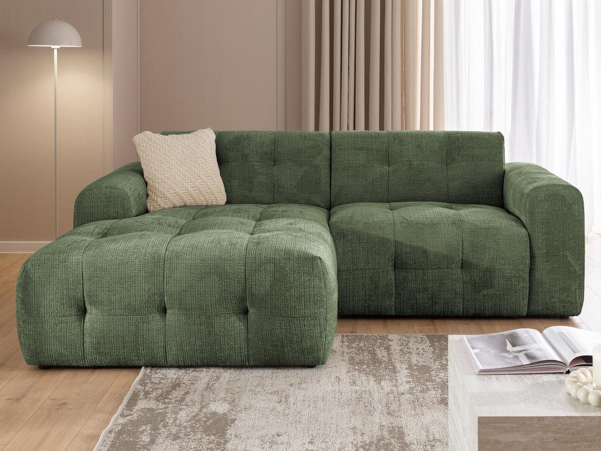 ECKSOFA Kozy im Bumpy-Design mit fester Rückenlehne aus weichem Grün Chenille-Stoff - Ottomane links - Schwarz/Grün, Holz/Kunststoff (161/234cm) - S-Style Möbel