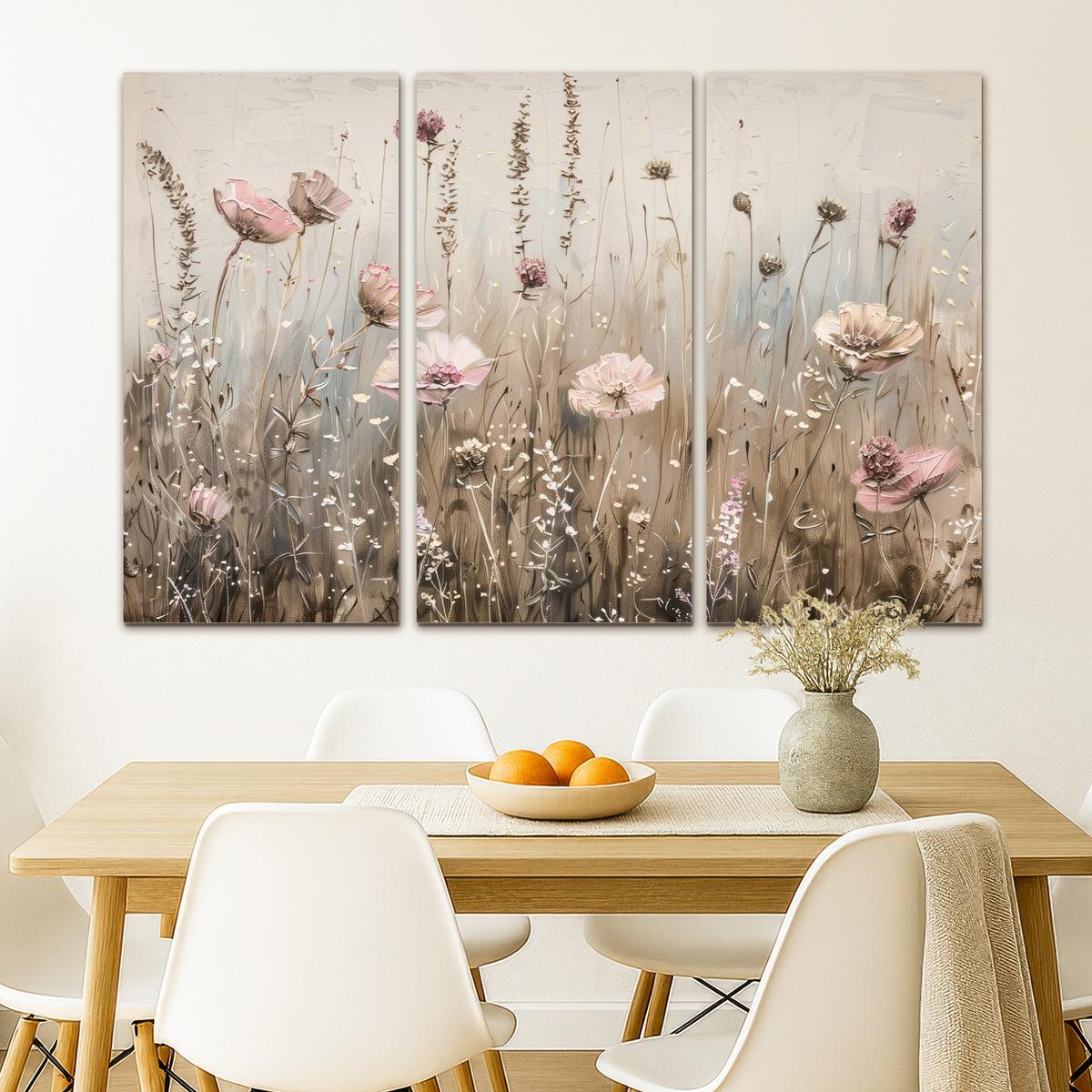 LEINWANDBILD 3er Set Blumen - Beige - Modern - Rosa 120x80 cm - Ecru, Textil (120/80cm) - MuchoWow