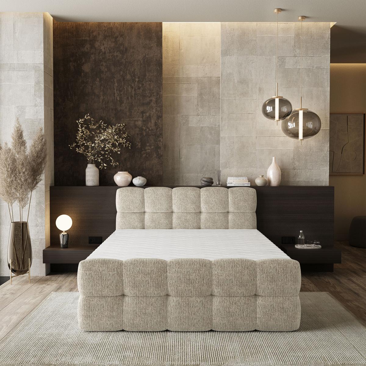 BOXBETT BRUME 160x200 cm mit Matratze und Topper, H2+H3 - Creme - Creme, Holz (160/200cm) - MASSENO